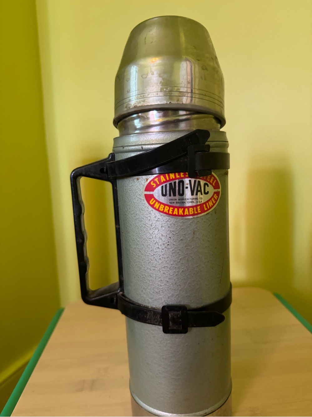 Vintage Silver and green Stainless Steel Vacuum Bottle